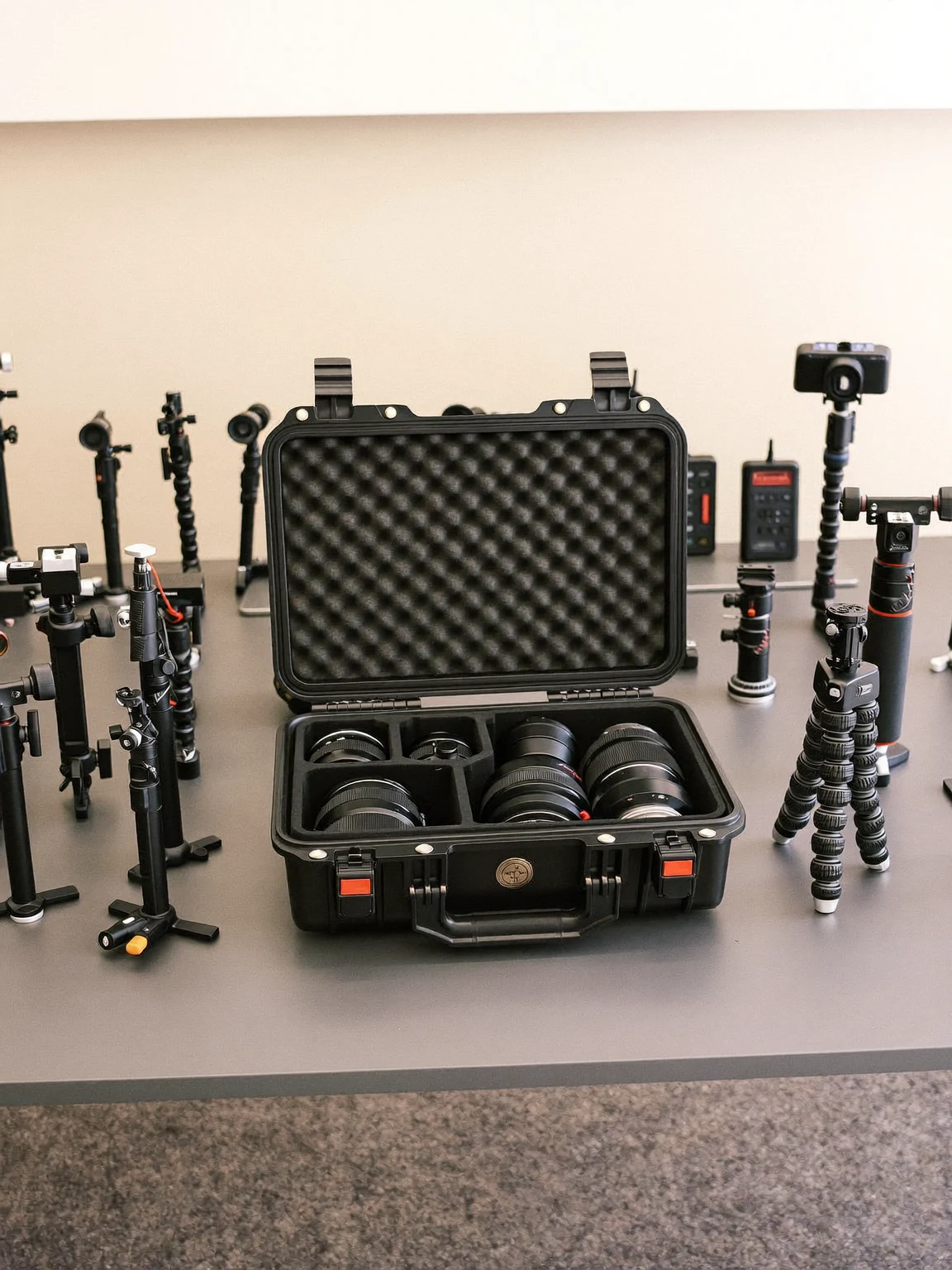 Illustration eines Arbeitsablaufs beim Aufbau von Foto- und Videoequipment